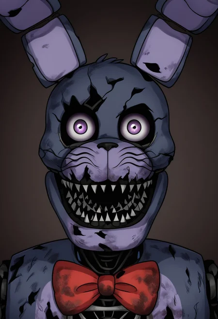 Nightmare Bonnie, withered body, dirty, Evil Smirk, staring at viewer, Horror (theme)
