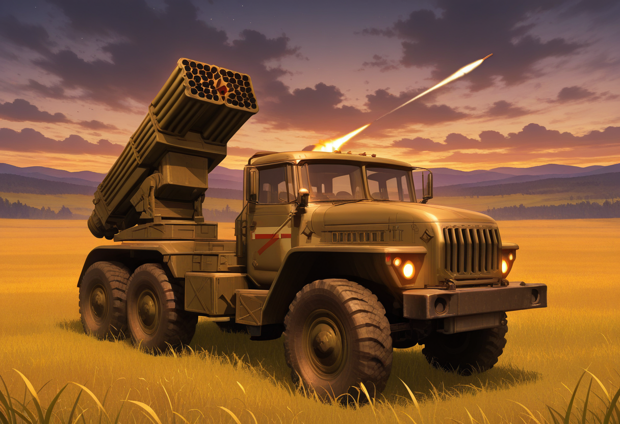 masterpiece, best quality, Graphic Design, color art, vibrant colors, intricate details, high contrast, detailed background, beautiful detailed, beautiful face, detailed eyes, detailed face, new, newest, no humans, ur4l, truck, military vehicle, car, missile pod, outdoors, vehicle focus, battlefield, sunset, evenig, cloudy, missles, launching missles,