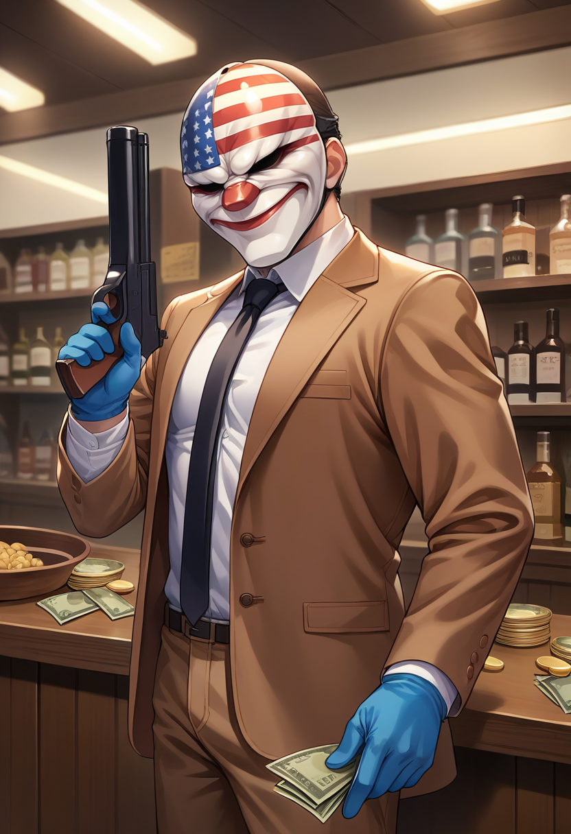 score_9, score_8_up, source_anime, 1boy, solo, DallasPD, mask, brown jacket, open jacket, black necktie, white shirt, dress shirt, blue gloves, brown pants, holding gun, indoors, bank, money, <lora:epoch-000014:1>