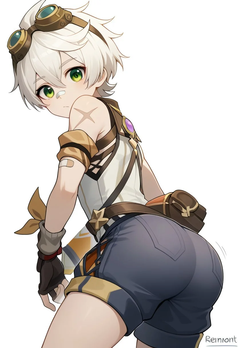 1boy, solo, cute, score_9, bennett, green eyes, white hair, hair between eyes, short hair, bangs, googles, goggles on head, bandaid, bandaid on face, bandaid on nose, sleeveless, scar on arm, shorts, big ass, ass focus