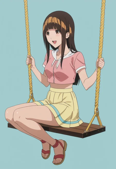 score_9, score_8_up, score_7_up, BREAK, 1girl, solo, anime screencap <lora:DX888Miho:1>azuki miho, brown hair, brown eyes, long hair, blunt bangs, BREAK pastel background , blue background , Seated on a swing looking playful feathered crop top with rhinestone accents, feathered mini skirt, feathered headband, feathered sandals, open mouth, dazed, happy, happy aura, smile,