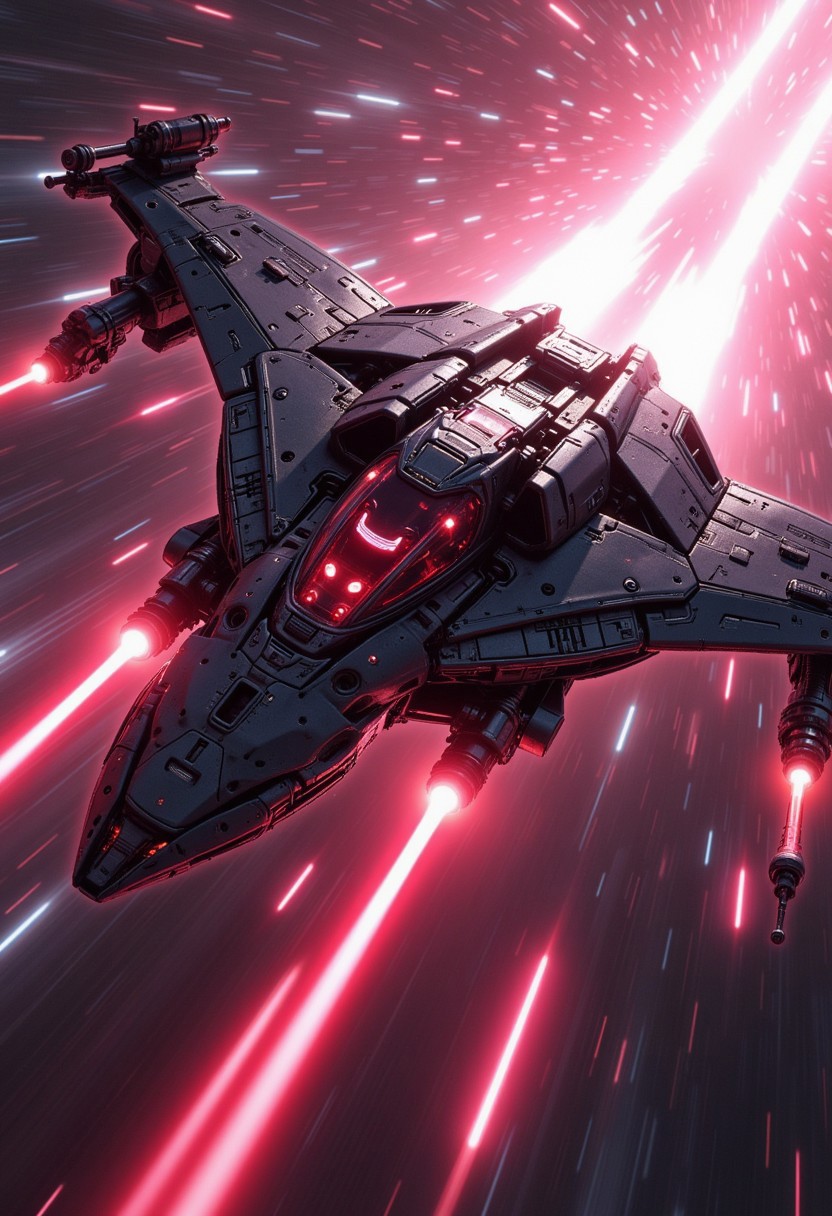 in the style of ck-mgs, A digital artwork in the style of cknc, a_skynet_cyberdyne_craft, the image is featuring a futuristic, firing laser shots, highly advanced stealth fighter flying through hyperspace. The fuselage is made of a dark gunmetal alloy and the cockpit shows glowing led lights, and has a large air intake, dutch angle, motion blur