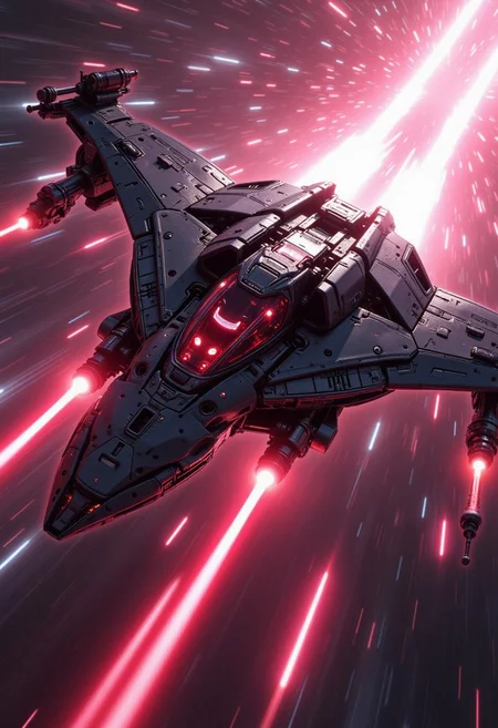 in the style of ck-mgs, A digital artwork in the style of cknc, a_skynet_cyberdyne_craft, the image is featuring a futuristic, firing laser shots, highly advanced stealth fighter flying through hyperspace. The fuselage is made of a dark gunmetal alloy and the cockpit shows glowing led lights, and has a large air intake, dutch angle, motion blur