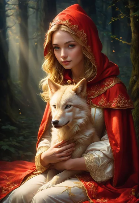 score_9, score_8_up, score_7_up,
hyperdetailed, hyperrealistic, 8k, high quality, hi res, best quality, high quality, absurd res, natural lighting, intricate, soft warm lighting,(perfect hands), (perfect fingers),
Little Red Riding Hood, blonde woman, sitting on the ground, hugging the Big Bad Wolf