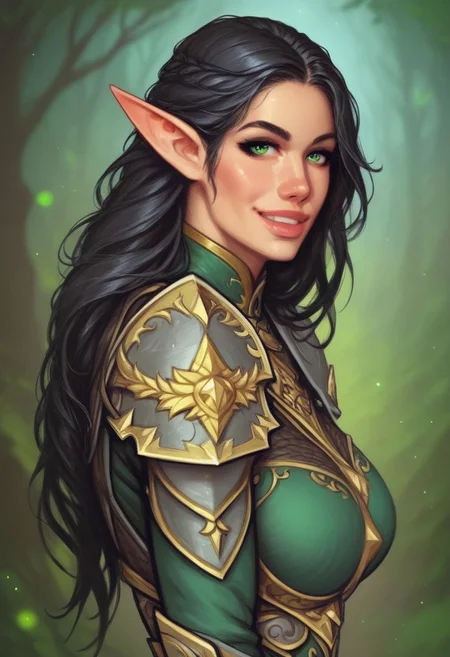 1girl, (((side view))), from front, 1girl, illustration, comic style, highly detailed, skinny, model body, looking at viewer, 1girl, masterpiece, best quality, naestra, solo, pointy ears, black hair, long hair, elf, 1girl, green eyes, half face mask, <lora:Naestra:1.3>, (((dynamic pose)))
BREAK
(((Warhammer Fantasy Battle style)))
((Elven gold Lamellar armor)), green clothes, ((((elven sword in hand)))), dynamic pose, ready to fight
BREAK
slight smile, looking at viewer
long hair, black hair, big hair, green eyes
best quality, depth of field, bokeh, (((full clothed))), dynamic pose
BREAK
(wild forest:1.2) score_9, score_8_up, score_7_up, score_6_up, source_cartoon, rating_explicit, Expressiveh, ((((upper body))))), dynamic pose, dynamic pose