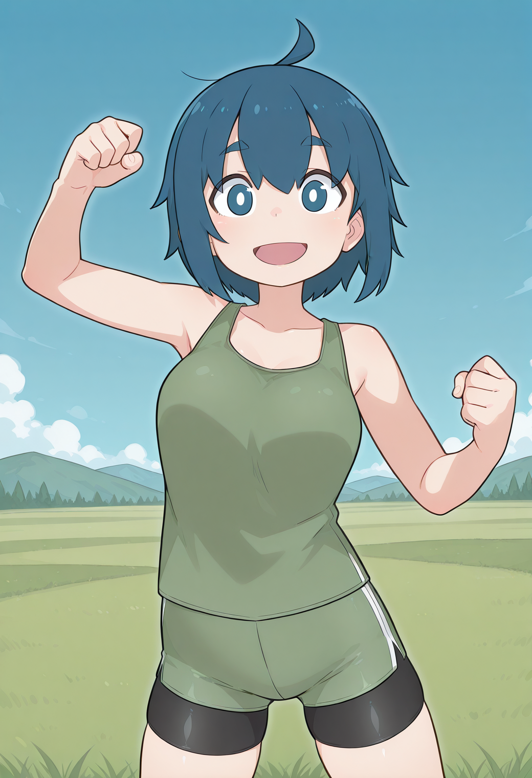 nishihara, thick eyebrows, white pupils, blue hair, short hair, blue eyes, ahoge, green tank top, collarbone, green pants, bike shorts, <lora:nishihara_illustrious_ver1:0.8> 
smile, open mouth,, masterpiece, best quality, sensitive,, 1girl, solo, blue sky, (grasslands:1.2), looking at viewer,, (cowboy shot, dynamic pose:1.4),