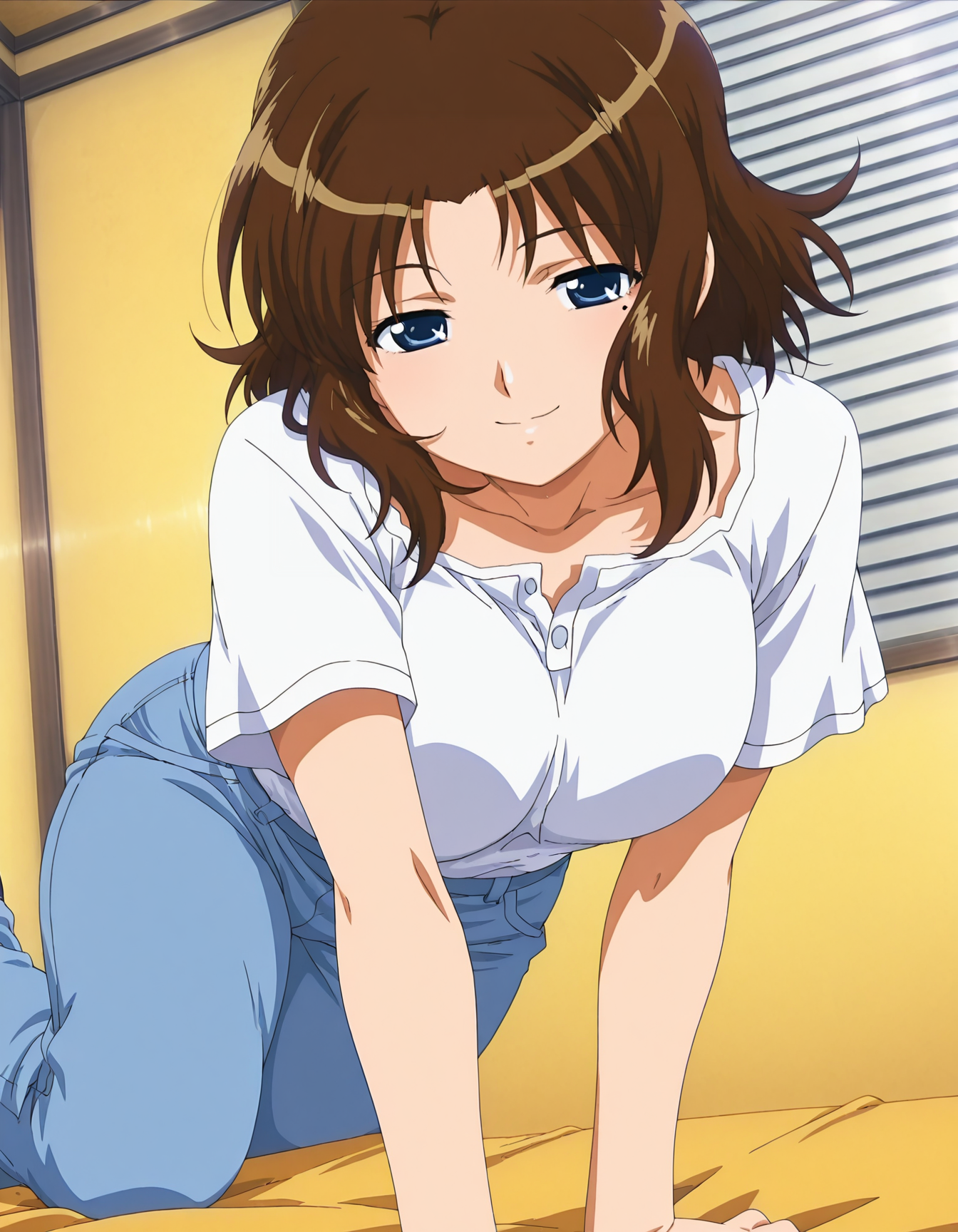 aoi_kashima,1girl,looking at viewer,dynamic pose,dynamic angle,smile,white shirt,blue pants,masterpiece,best quality,amazing quality    <lora:aoi_kashima-ILXL:0.9>, anime screencap,