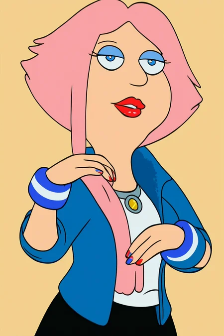<lora:Family_Guy_Style_Pony_XL:1>(((familyguy))), 1girl, solo, manonsdxl    1girl,  solo,  pink hair, , makeup,    blue eyes ,  jewelry, nail polish,   jacket, gloves, short hair with long locks, wristband, lipstick, skirt, round pupils, even eyes, looking at viewer, (((small pupils)))  <lora:Manon (2):1>