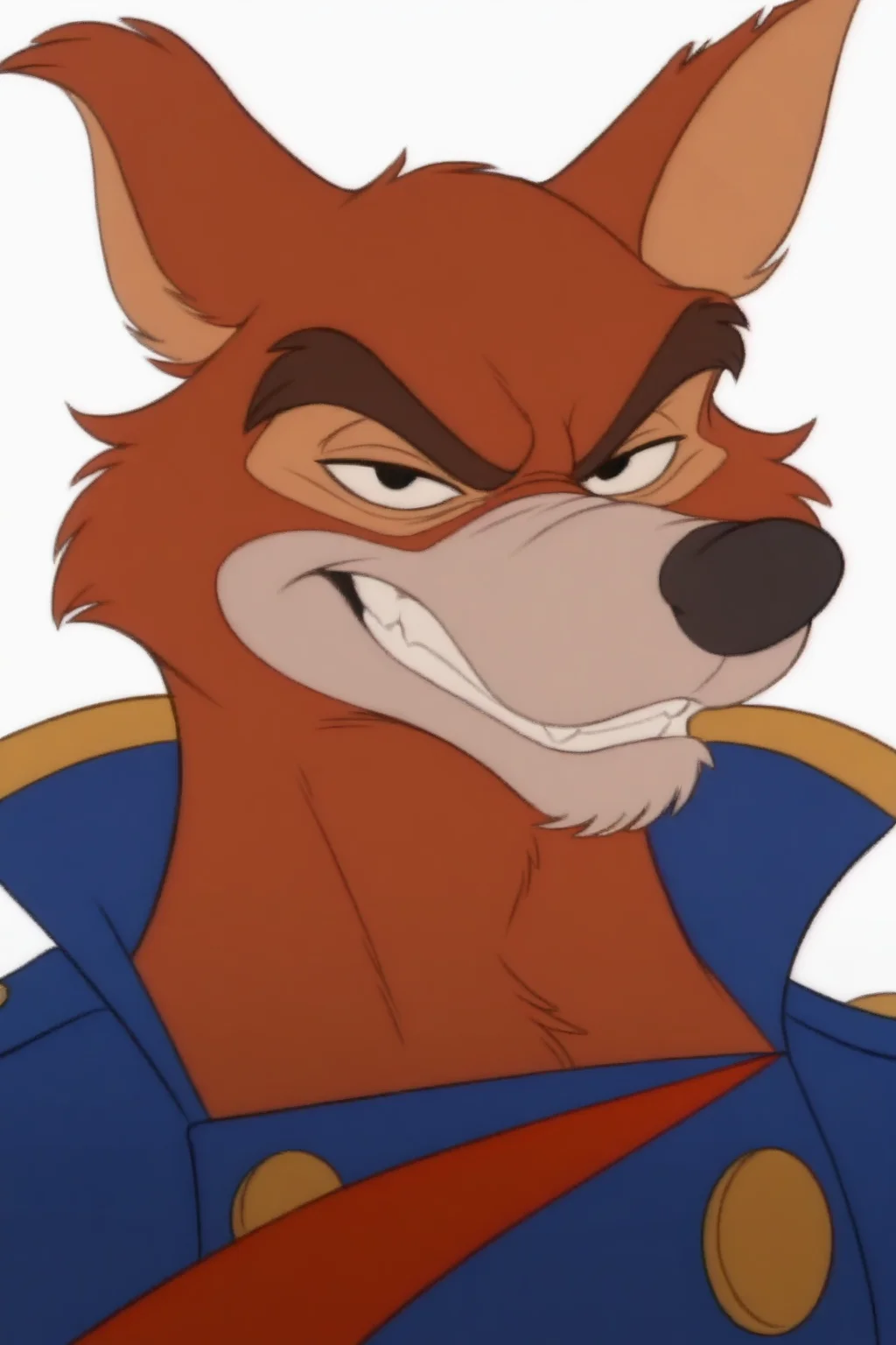 masterpiece, best quality, amazing quality,  
front view, upper body shot, wolf, anthro, furry, muscular build, brown fur, black eyes, male focus,  
Don Karnage, red wolf, thick brown eyebrows, confident smirk,  
 (wolf anthro, dark gray fur, muscular, devious expression, blue captain's coat with red and gold accents),  
white background  
<lora:waiNSFWIllustrious_v110:1> <lora:Don_Karnage_iLL:1>