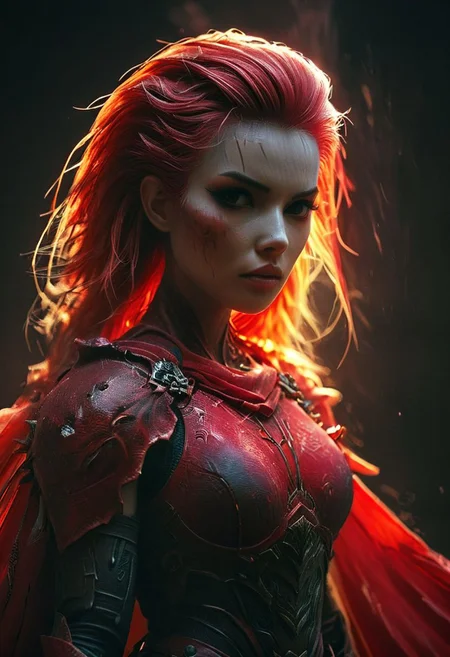 Action Scene, Closeup Portrait By KentarM Miura, realistic, photorealistic, volumetric lighting, bold lines, perfect lines, emphasis lines, vertical lines, floating in space, stars, Busty Woman, DARK Skull hkmagic Knightess with colorful Neon White Mohawk Hair in rusty armor wielding large rusty Iron sword, outworn weathered Armor, Large spiked shoulder Armor, ghostly Large Red translucent cape, sword Slash, a bold drawing image infront of a mystic colorful translucent abyss background, atmospheric haze, Film grain, cinematic film still, shallow depth of field, highly detailed, high budget, cinemascope, moody, epic, OverallDetail, 2000s vintage RAW photo, photorealistic, candid camera, color graded cinematic, eye catchlights, atmospheric lighting, imperfections, natural, shallow dof
