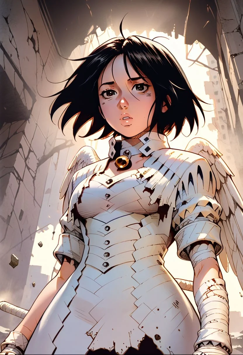 score_9, score_8_up, score_7_up, source_anime, rating_questionable, low angle, portrait, looking down at you,
1woman, solo, black hair, short hair, (large heavy breasts:1.2), cowbell collar, (white coat, bangages), tattered, ripped, short sleeves, blunt tail, bare midriff, floating, flying, huge wings, bladed wings, angelic, pursed lips,
detailed background, post-apocalyptic, rubble, ruined city
