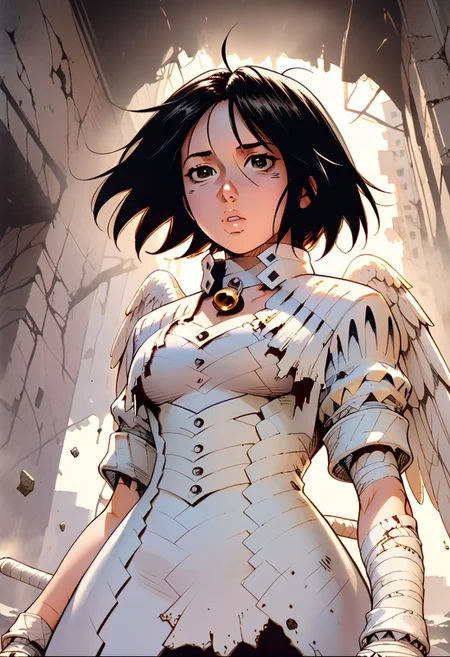 score_9, score_8_up, score_7_up, source_anime, rating_questionable, low angle, portrait, looking down at you,
1woman, solo, black hair, short hair, (large heavy breasts:1.2), cowbell collar, (white coat, bangages), tattered, ripped, short sleeves, blunt tail, bare midriff, floating, flying, huge wings, bladed wings, angelic, pursed lips,
detailed background, post-apocalyptic, rubble, ruined city