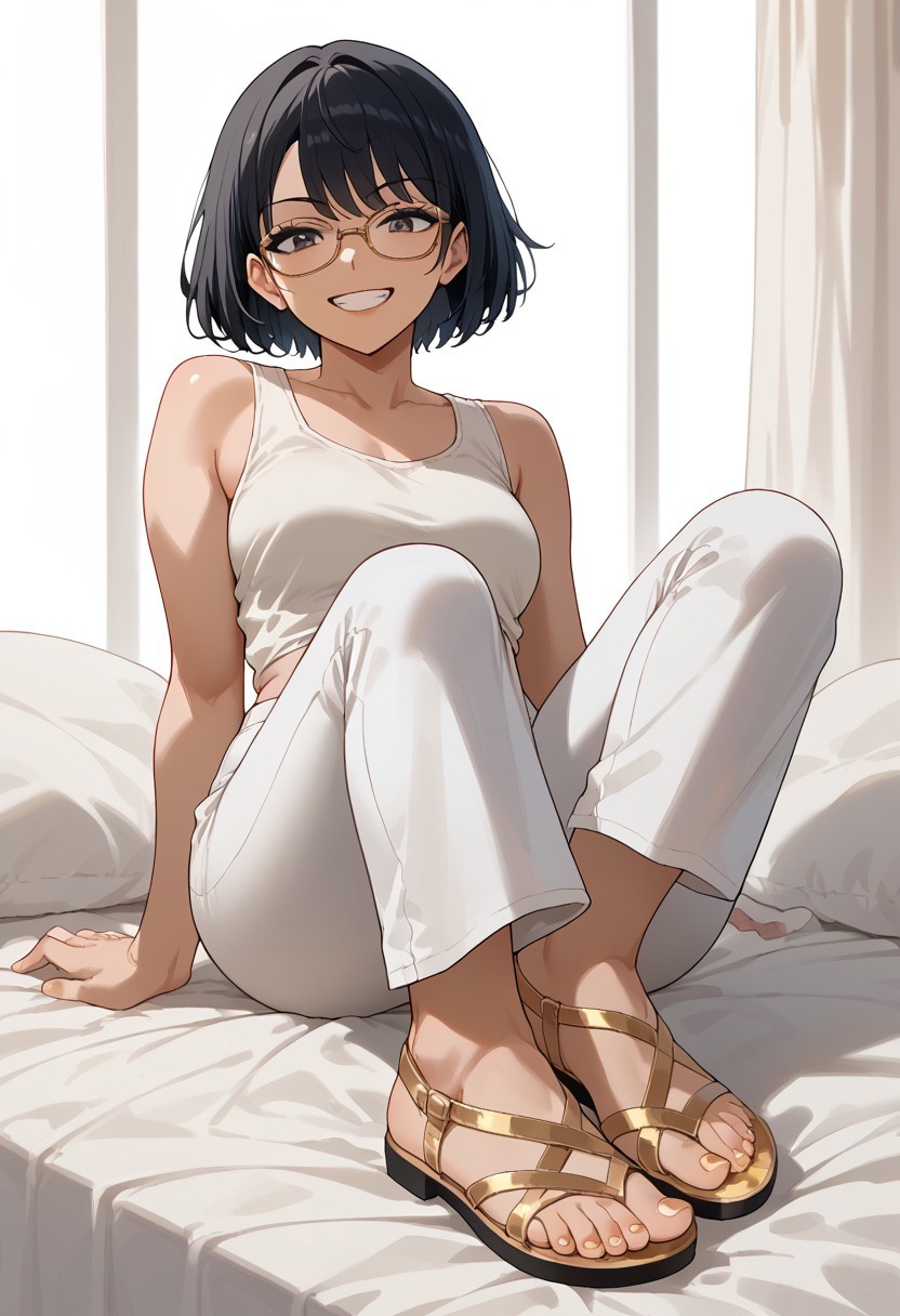 score_9, score_8_up, score_7_up, source_anime, 1girl, sitting on bed, foot focus, perfect feet, white tank top, white harem pants, front view, crossed ankles, crossstrapsandals, sandals, golden footwear, painted toenails, grin, short hair, glasses, black hair