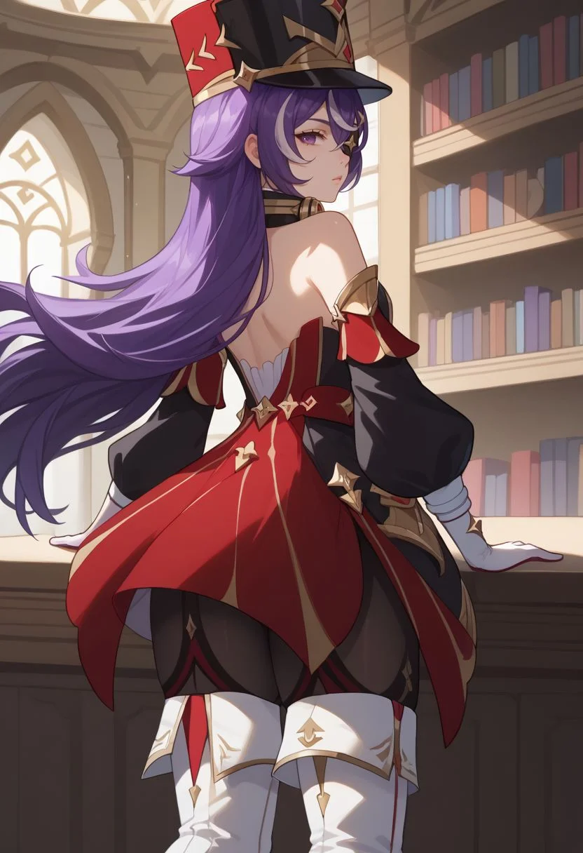 score_9, score_8_up, score_7_up, source_anime, 1girl, chevydef, purple eyes, purple hair, streaked hair, long hair, pointy hair, hair between eyes, eyepatch, mole under mouth, earmuffs, shako cap, gold trim, black necktie, red dress, strapless dress, puffy detached sleeves, bare shoulders, black headwear, detached collar, white gloves, black pantyhose, white footwear, thigh boots, standing, expressionless, looking at viewer, indoors, library, cowboy shot, from behind, looking back, <lora:Chevreuse_v1-000010:1>