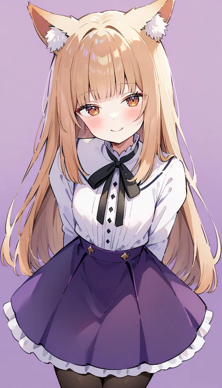 best quality, very aesthetic, absurdres
1girl, [blonde:gingrer:0.3] hair, fox ears, brown eyes, long hair, straight hair, white blouse,frilled sleeves,long sleeves,puffy sleeves, (violet skirt:1.1), black pantyhose, skinny, small breasts, blunt bangs, looking up, smile, leaning forward, arms behind back, head tilt, 
simple light violet background
<lora:Hime_Cut:0.7>, <lora:anti_human_ears:1>, <lora:hotarueye_xl_hosome1_v050:0.1>, <lora:marker:0.5>, <lora:StS_age_slider_v1_initial_release:1>