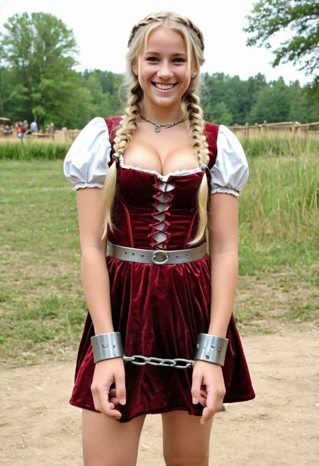 (TSH)), (((steel handcuffs))), (((wrists shackled together))), ((fancy renaissance fair dress)), sandals, (smiling), (cute 25 year old blonde woman), (braids), ((standing at renaissance fair)), (looking at viewer)