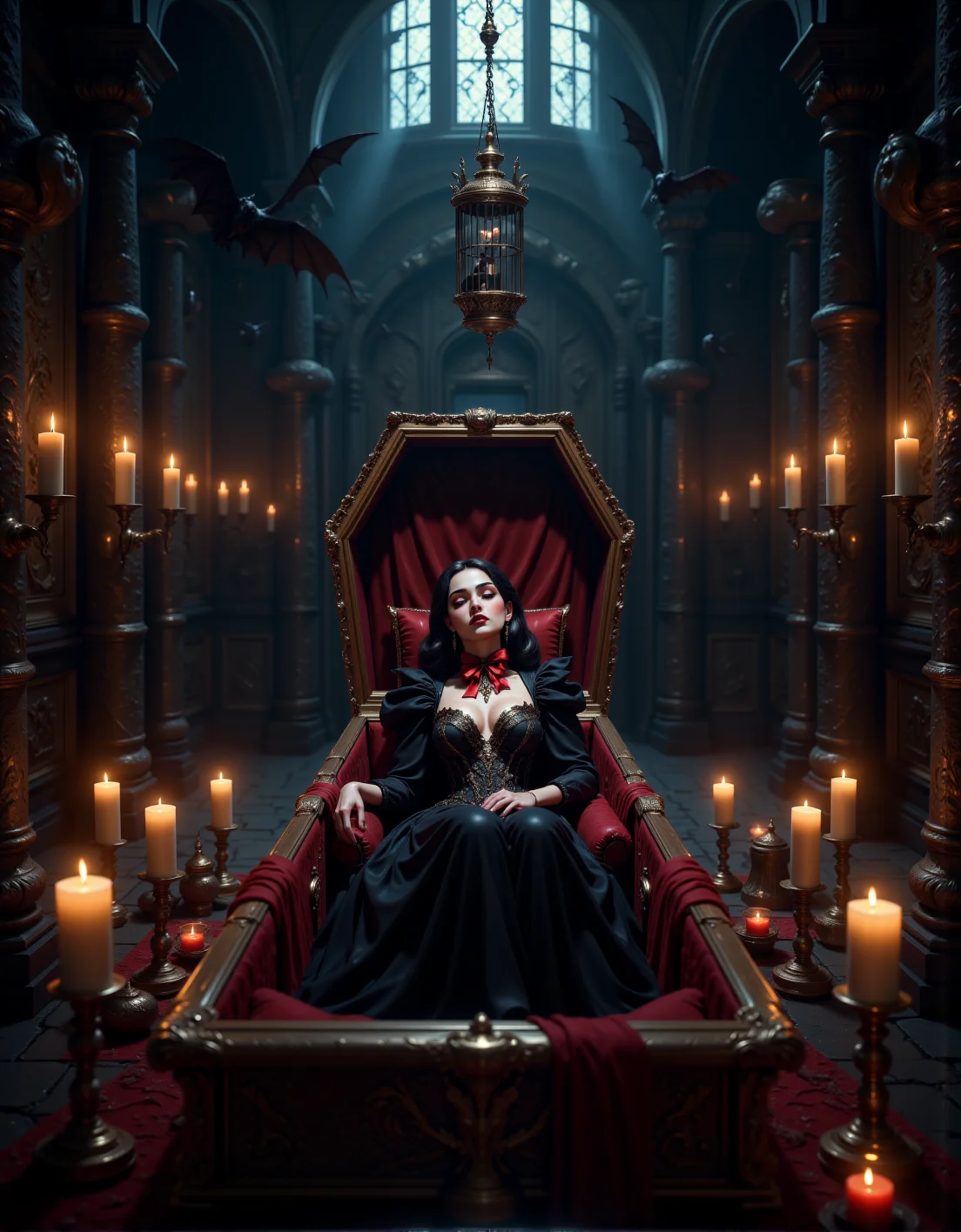 pinketherealmj, aidmaimageupgrader, vampire in a (oversized wooden coffin:2) at center sleeping eyes closed a creepy hanging cage with a human skeleton inside, shadowy castle, a dark chamber is illuminated by flickering candles that cast eerie shadows on stone walls adorned with tapestries of lost battles, bats flying in the room. Blood red potion on the table, light streaming down from the roof. At the center lies a beautifully carved coffin surrounded by candles with an open lid, revealing a vampire nestled within luxurious red velvet. Her makeup is heavily stylized, with a pale face, dramatic dark eyeshadow, dark eyeliner, dark red lipstick. She wears a black, long-sleeved costume or outfit that is reminiscent of Victorian-era or fantasy clothing. The costume features a high, dramatic collar. There's a large red bow that sits prominently at the top of a corset-style bodice, emphasizing the juxtaposition of red against the dark clothing, dramatic shadows, epic fantasy, 8k high resolution, ray tracing, volumetric lighting
<lora:PinkieEtherealMJFLUX-v2.0:0.7> <lora:DarksunRIDDV3:0.4> <lora:aidmaImageUpgrader:0.5>