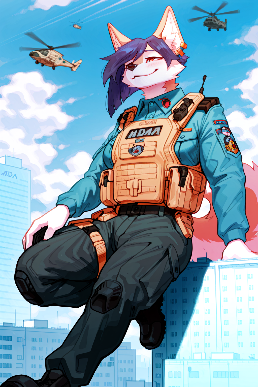 masterpiece, best quality, newest, absurdres, highres, furry, perfect anatomy, (solo), korean_jindo, kirina violet, earrings, (macro:0.4), blue combat shirt, long sleeve, tan plate carrier, black combat pants, MDA patch, full body portrait, sitting on building, military vehicles, helicopters, smile, buildings, orange eyes, by pederont