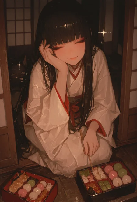 solo, masterpiece, best quality, good quality, very aesthetic, absurdres, Cinematic Lighting, gradient color, volumetric lighting, very awa, BREAK masterpiece, amazing quality, best quality, ultra-detailed, 8K, detailed eyes, ultra-detailed-eyes, detailed background, dim lighting, usnr, 748cmstyle, artist:moriimee, MokushiC-3, BREAK 1girl, mikofa, full body, happy, very long hair, bangs, hime cut, black hair, black eyes, sitting, leaning forward, extremely detailed clothing, extremely detailed, (long_eyelashes, eyelashes), bento box, (holding dango stick, one hand on cheek), sparkles, closed eyes, happy, BREAK japanese shrine,