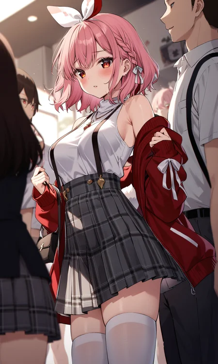 sensitive, breasts, looking at viewer, blush, short hair, shirt, skirt, red eyes, thighhighs, ribbon, jewelry, jacket, tail, white shirt, pink hair, braid, pleated skirt, parted lips, sleeveless, solo focus, virtual youtuber, off shoulder, necklace, white thighhighs, plaid, plaid skirt, suspenders, rabbit tail, red jacket, grey skirt