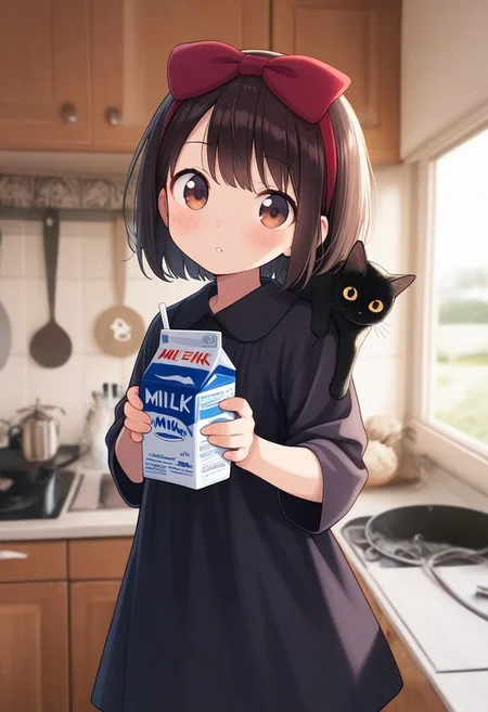 masterpiece,best quality,amazing quality, PHTBG, photo background, 1girl, cat, black cat, bow, hair bow, dress, short hair, looking at viewer, black dress, red bow, blush, animal, brown eyes, animal on shoulder, hairband, holding, black hair, indoors, bangs, cup, kitchen, milk carton, solo, blurry, red hairband, brown hair, parted lips, blurry background