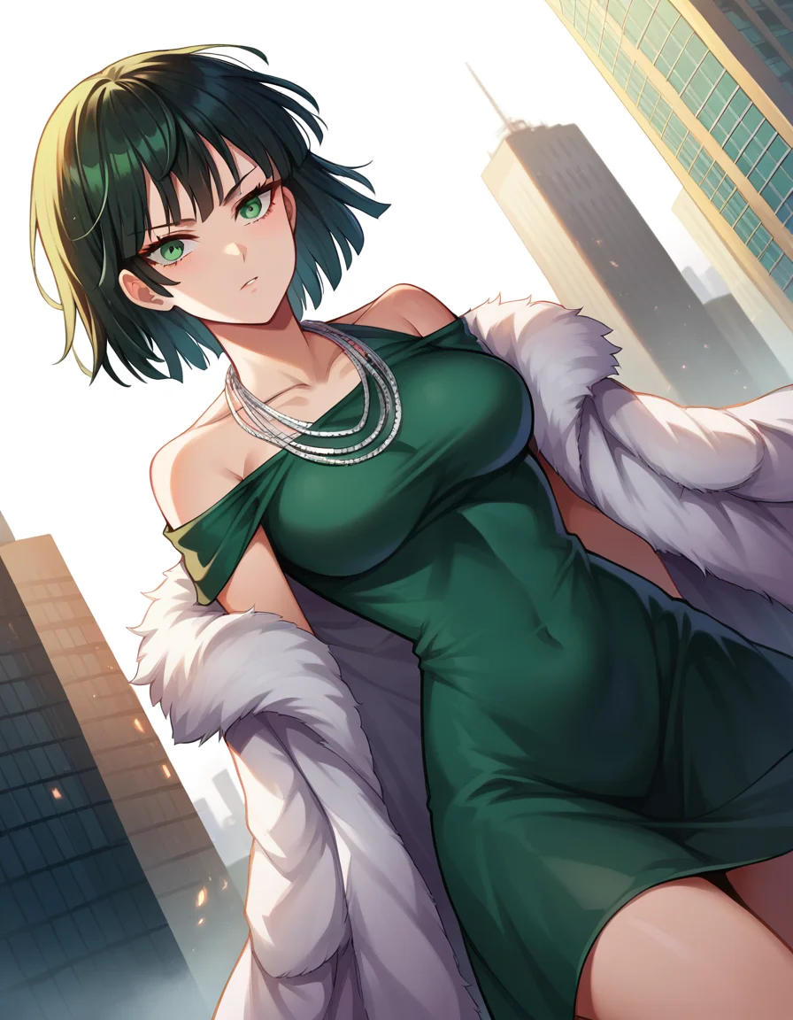 score_9, score_8_up, score_7_up, source_anime,
fubuki, <lora:opm-fubuki-ponyxl-lora-nochekaiser:1>,
fubuki, black hair, green eyes, short hair,
black dress, dress, fur coat, high collar, jewelry, necklace, off shoulder, taut clothes, taut dress,
outdoors, cityscape,
looking at viewer, dutch angle, cowboy shot,