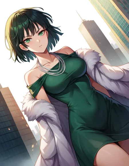 score_9, score_8_up, score_7_up, source_anime,
fubuki, <lora:opm-fubuki-ponyxl-lora-nochekaiser:1>,
fubuki, black hair, green eyes, short hair,
black dress, dress, fur coat, high collar, jewelry, necklace, off shoulder, taut clothes, taut dress,
outdoors, cityscape,
looking at viewer, dutch angle, cowboy shot,