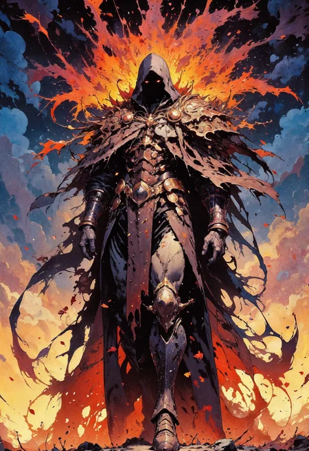 (in Otomo Katsuhiro style:1.2), masterpiece, high-quality, A figure with a cloak made of autumn leaves, as the wind sweeps past the cloak transforms into a swirling storm of leaves, their colors blending with the twilight sky, Style is Impressionistic realism with dynamic leaf textures, high detail in movement, warm, surreal ambience, (elaborate fine details:1.1), (hyperdetailed:1.1), (intricate details:1.0), (Refined details:1.1), (best quality:1.1), (high resolution:1.2)