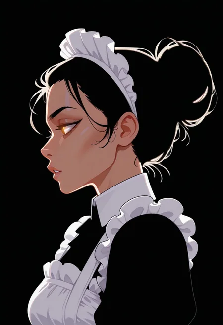 1girl, solo, female, woman
side profile, parted lips, striking eyes, 
maid, french maid, backlit, messy hairbun, 
blend_in. black background,