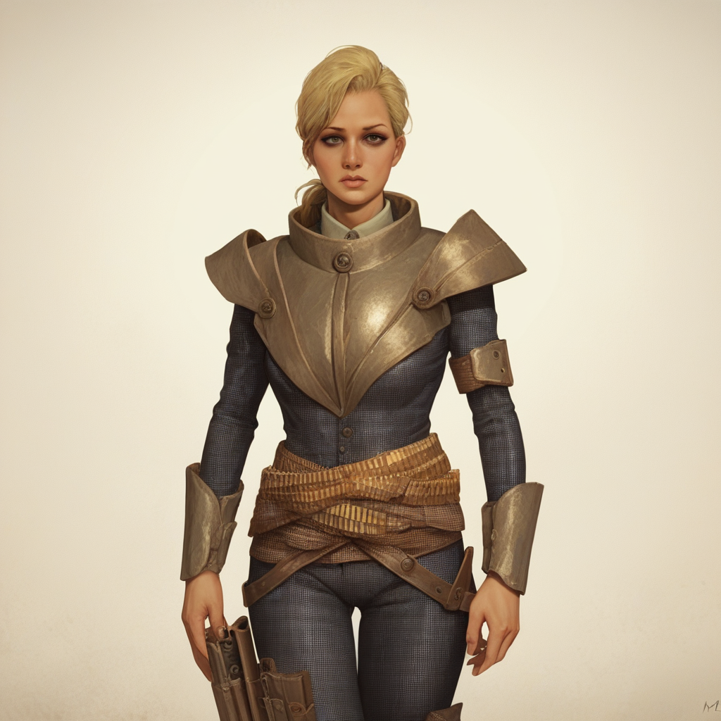 Score_9_up, source_8_up, source_7_up, source_realistic, BREAK 1girl, solo, Mags, blonde hair, pompadour, low ponytail, lips, checkered suit, armor, bandelier belt, thigh holster, standing, crossed legs,
