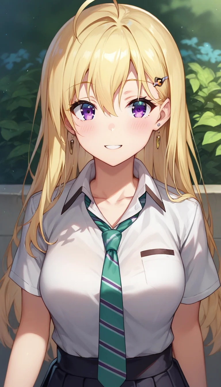 score_9,score_8_up,score_7_up,score_6_up BREAK official art,solo,outdoors,upper body,(portrait:1.5),looking at viewer,facing viewer,smile,blush,Ayase Saki,ahoge,long hair,blonde hair,hair ornament,hairclip,jewelry,earrings,hair between eyes,bangs,purple eyes,collarbone,school uniform,white shirt,dress shirt,collared shirt,green necktie,striped necktie,short sleeves,medium breasts,skindentation,miniskirt,black skirt,pleated skirt,black socks,loafers,brown footwear,<lora:Ayase Saki(gs)-Pony:1.5>,