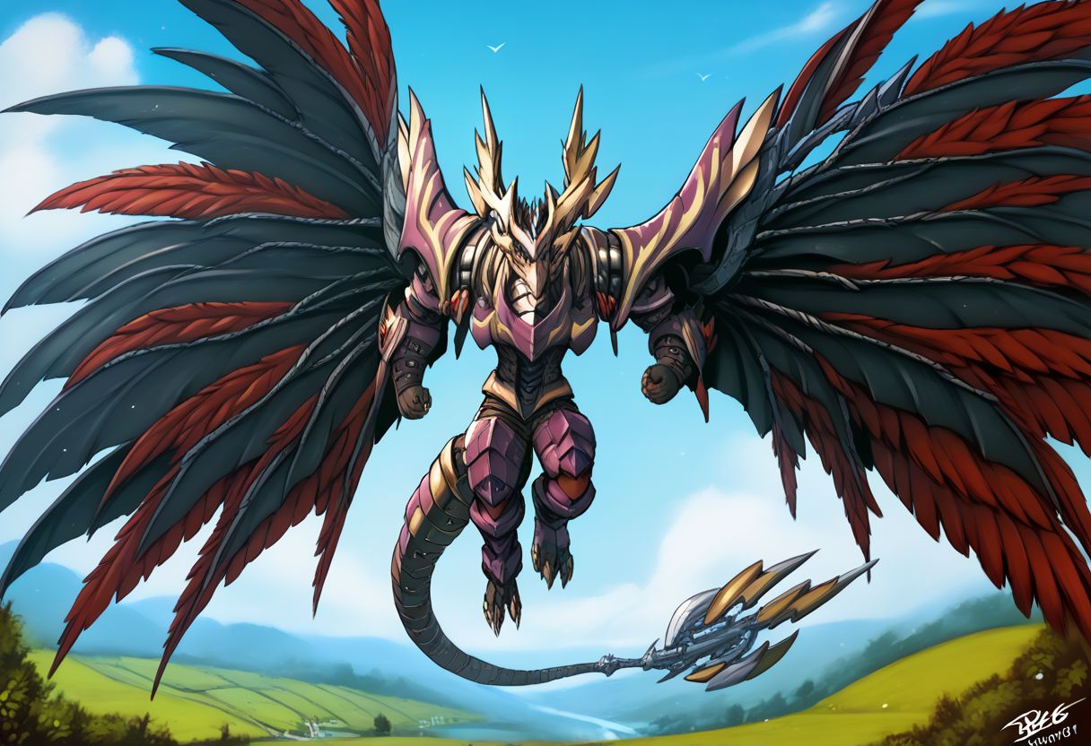 (hi res), ((masterpiece)), ((best quality)), (8k hd, hdr:1.1,score_9, score_8_up, score_7_up, score_6_up, score_5_up, score_4_up, rating_safe,dexdoru dragon,outdoors,wings,horns,multiple wings,outdoors