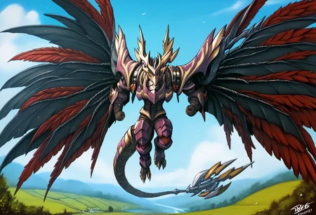 (hi res), ((masterpiece)), ((best quality)), (8k hd, hdr:1.1,score_9, score_8_up, score_7_up, score_6_up, score_5_up, score_4_up, rating_safe,dexdoru dragon,outdoors,wings,horns,multiple wings,outdoors