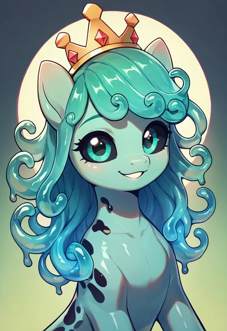 core_9, score_8_up, score_7_up, score_5_up, 1girl, (slime pony), my little pony, greenish-gray skin tone, big eyes, black sclera, looking right, mint-green curly hair, black spots on skin, pastel colors, mystical background, dark details, 2d illustration, dynamic pose, slight smile, glowing light source, sunset, moonrise, expressive, voluminous curls, playful demeanor, a crown on the head