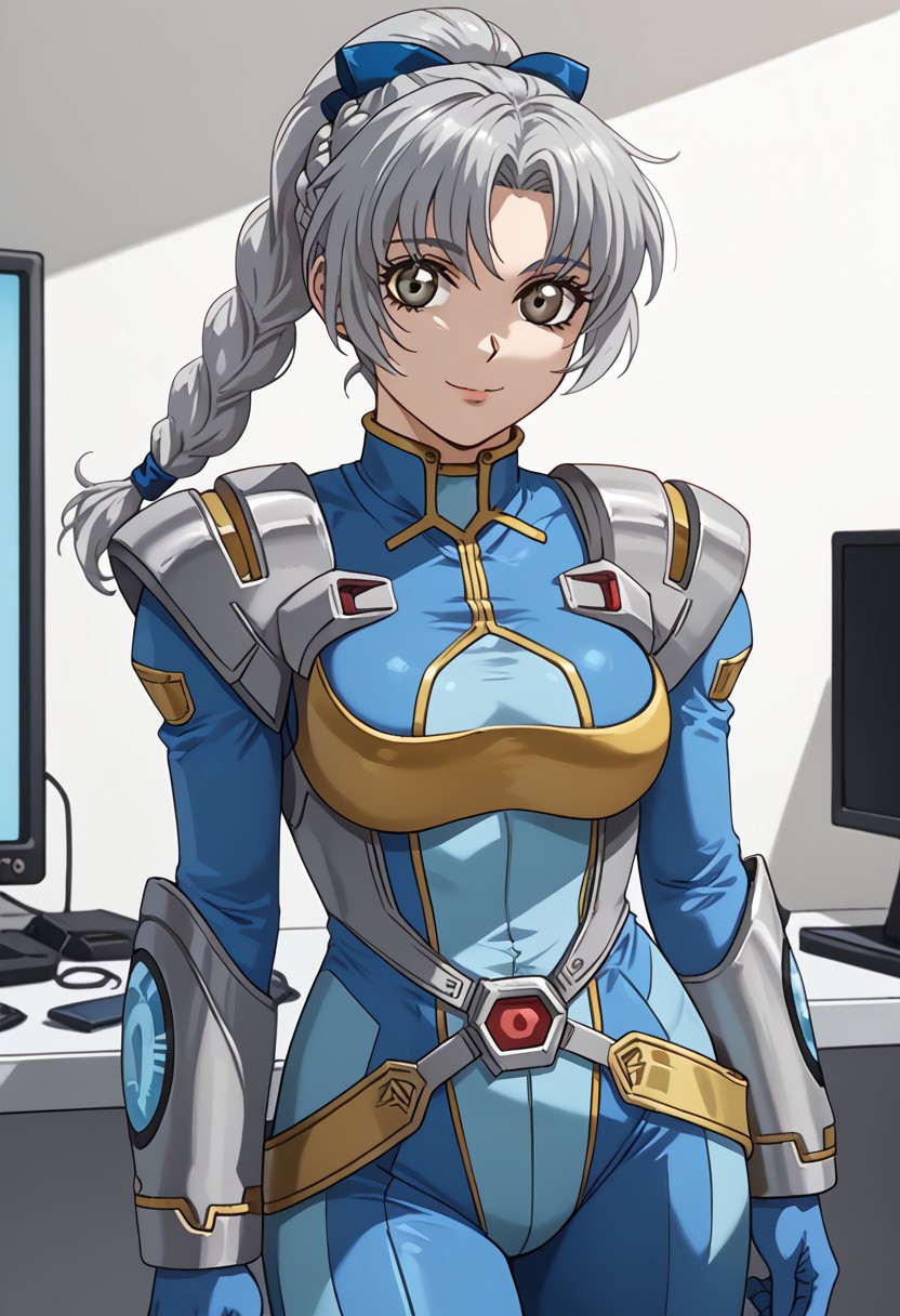 score_9, score_8_up, score_7_up, 1girl, solo, grey hair, grey eyes, braided ponytail, srwbluepilotsuit, blue bodysuit, pauldrons, wrist guards, metal belt, grey armor, helmet removed, no headwear, looking at viewer, slight smile, cowboy shot, indoors, metal wall, metal walls, monitor,