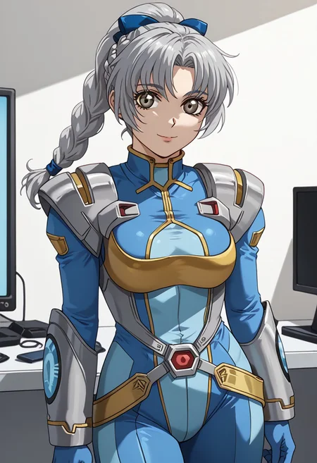 score_9, score_8_up, score_7_up, 1girl, solo, grey hair, grey eyes, braided ponytail, srwbluepilotsuit, blue bodysuit, pauldrons, wrist guards, metal belt, grey armor, helmet removed, no headwear, looking at viewer, slight smile, cowboy shot, indoors, metal wall, metal walls, monitor,