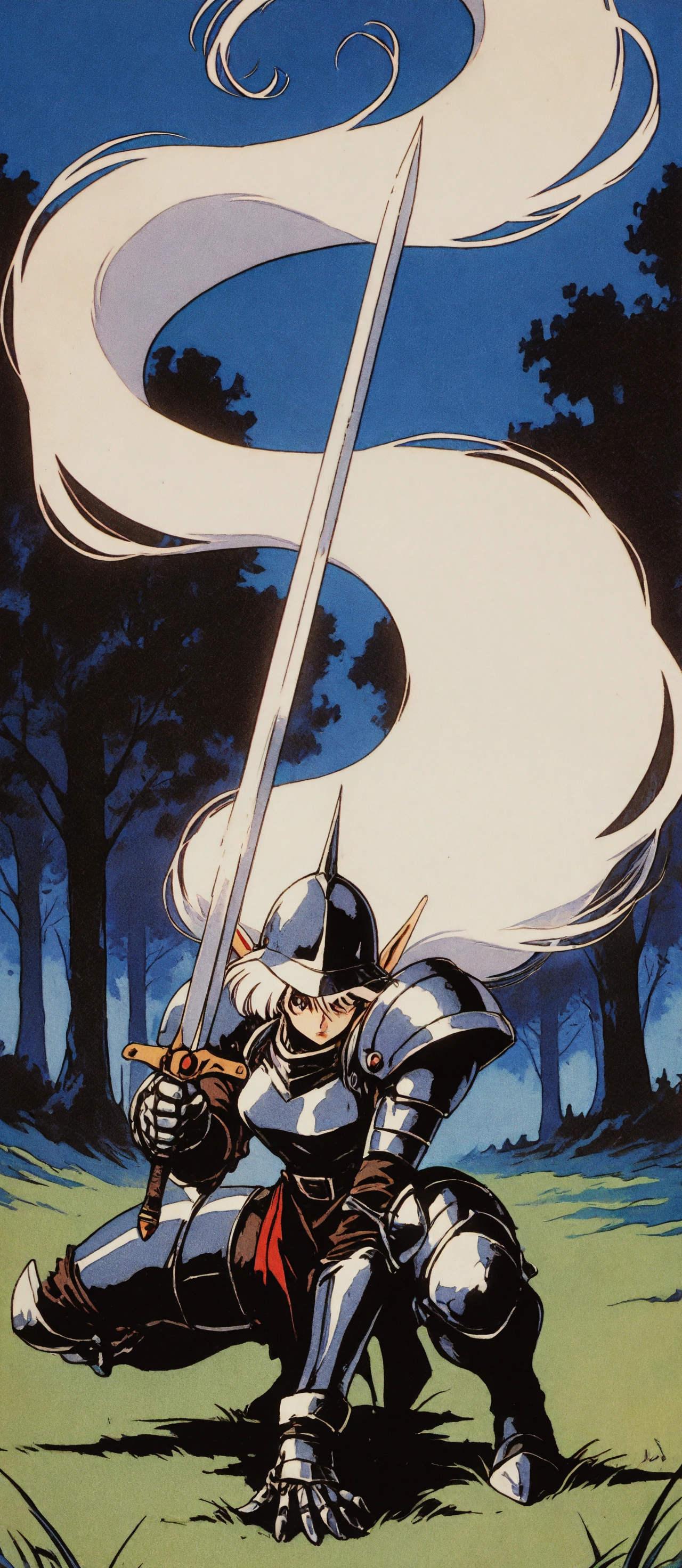 masterpiece, best quality, knva, retro illustration, retro artstyle, bloom, high contrast, detailed texture,,1girl, elf, elvaan, pointy ears, steel armor, white hair, windy, absurdly long hair, steel helmet, blue sky, grass, trees, holding, weapon, sword, dynamic pose, combat stance|battle stance, particle effects, action, combat,