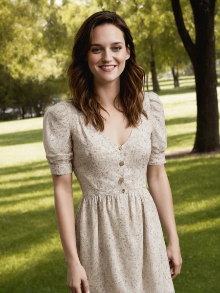 barbsynthxl, standing in the park, wearing a cotton dress, smiling