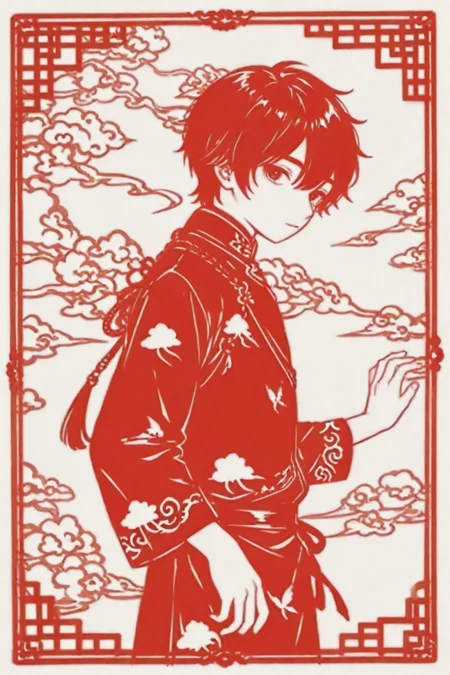 masterpiece, best quality, absurdres, safe
red theme, papercutting, monochrome, white background, lineart, sketch
1boy, framed, cloud print
<lora:papercutting_il_2_d16:1.2>