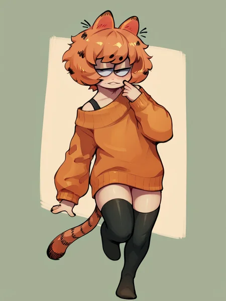 score_9, score_8_up, score_7_up, score_6_up, score_5_up, <lora:garfieldXLP:1> garfield, animal ears, solo, 1boy, tail, sweater, orange hair, short hair, thighhighs