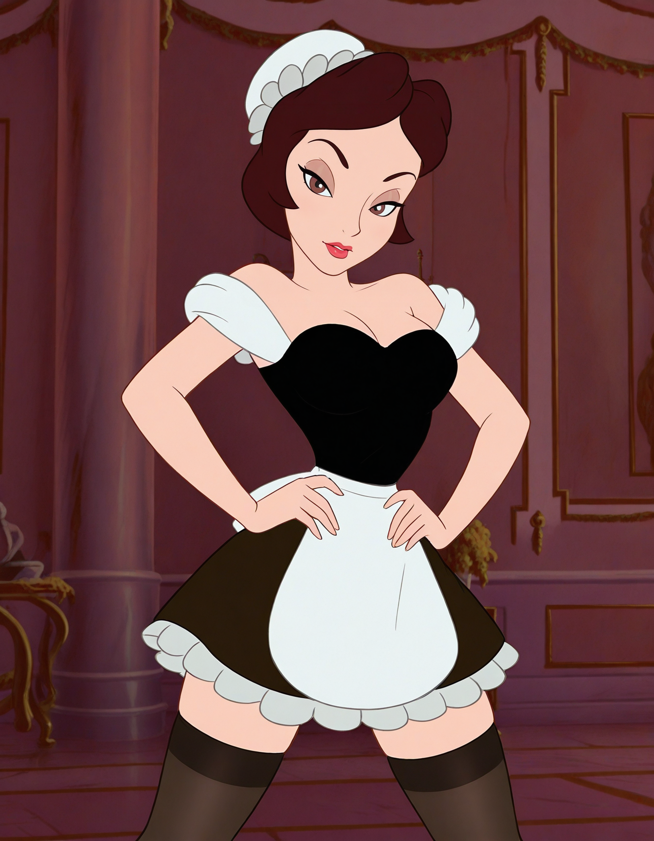 detailed, masterpiece, best quality, 
maid, skirt, thighhighs, 
indoors, 
1girl, solo, standing, looking at viewer, 
<lora:batb-babette:1>, xbabettex, brown hair, short hair, brown eyes, makeup, lipstick,