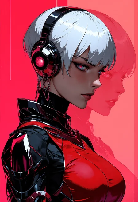 masterpiece, high-quality, A cybernetic woman in sleek red and black armor, her short white hair contrasting sharply with her intense gaze, Her armor is streamlined with metallic accents and a translucent larger image of herself looms behind as if showing her inner power, neon reflections, minimalistic composition, elaborate fine details, hyperdetailed, intricate details, Refined details, best quality, high resolution,