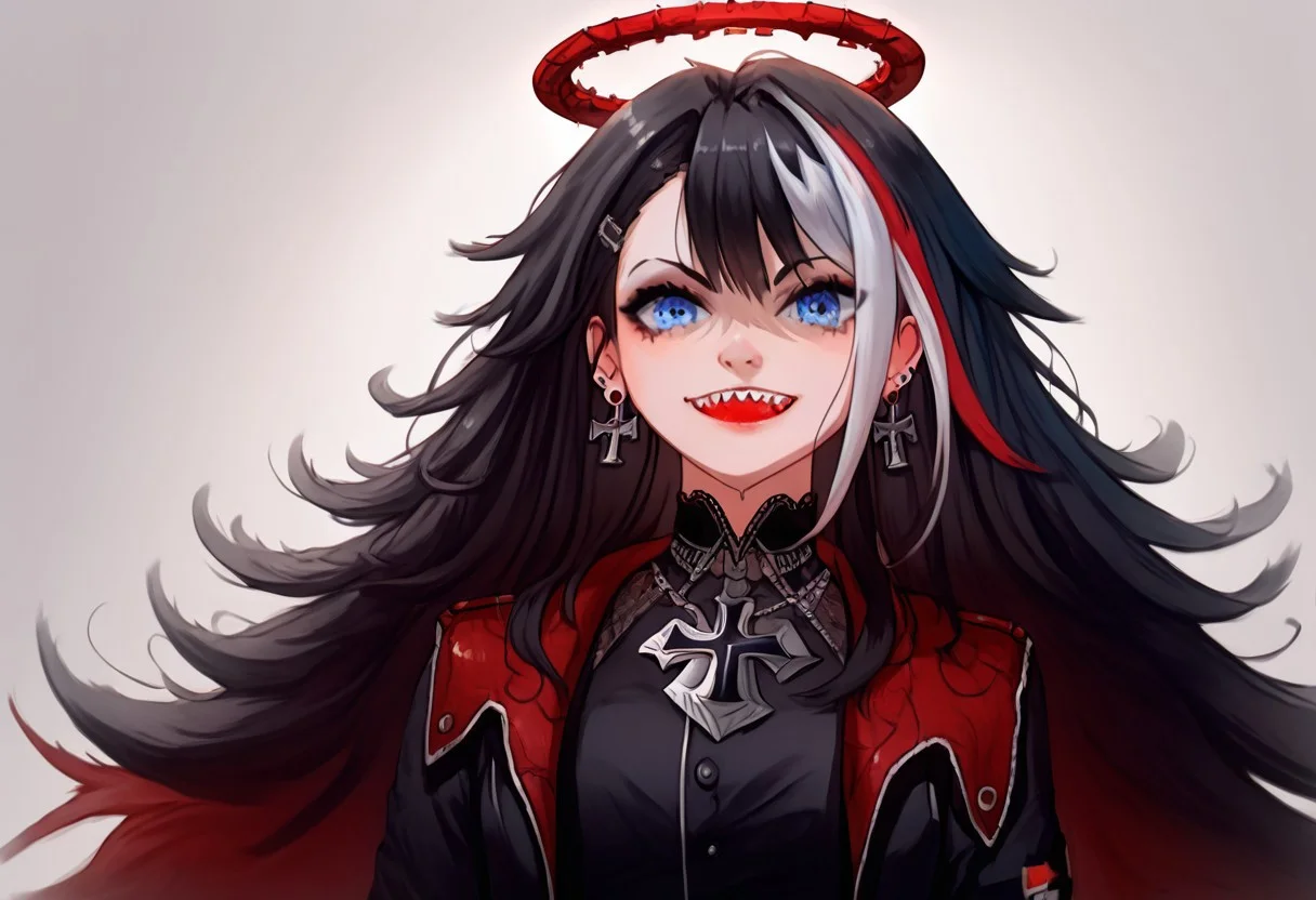 score_9, score_8_up, best quality, seraziel, Black Hair, Long hair, Streaked Hair, Multicolored Hair, Blue Eyes, 1girl, very aesthetic, masterpiece, 8k, black dress, deutschland, iron blood \(emblem\), military clothes, german jacket, goth, iron cross, cross earrings, iron cross earrings, sharp teeth, background halo, five fingers, perfect hands, ultra-detailed, aesthetic, illustration, intricate details, absurdres, (hires textures: 1.4), (best quality, high detail:1.4), (incredibly detailed:1.4), vivid colors, detailed face, (gorgeous lips: 0.2), perfect skin, perfecteyes, solo, (atletic body:0.9)