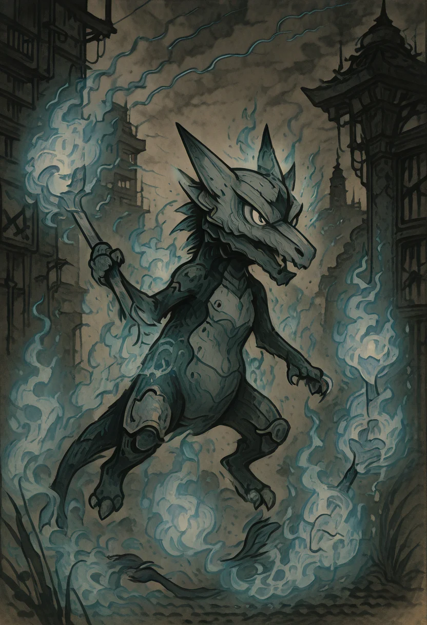 masterpiece, best quality, y0k4i, <lora:YokaiPokedex_IXL:1.3>, <lora:MarowakAlolanPokedex_IXL:1.0>, zzMarowakA, armored in futuristic tech, bone club transformed into a high-tech energy weapon, glowing blue fire from its claws, cybernetic enhancements on its skull and body, sleek, metallic armor reflecting neon lights, flame-tipped tail with blue energy trails, sci-fi cityscape in the background, glowing, cyberpunk aesthetic.