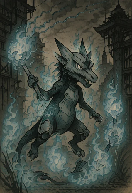 masterpiece, best quality,     y0k4i, <lora:YokaiPokedex_IXL:1.3>,   <lora:MarowakAlolanPokedex_IXL:1.0>, zzMarowakA, armored in futuristic tech, bone club transformed into a high-tech energy weapon, glowing blue fire from its claws, cybernetic enhancements on its skull and body, sleek, metallic armor reflecting neon lights, flame-tipped tail with blue energy trails, sci-fi cityscape in the background, glowing, cyberpunk aesthetic.