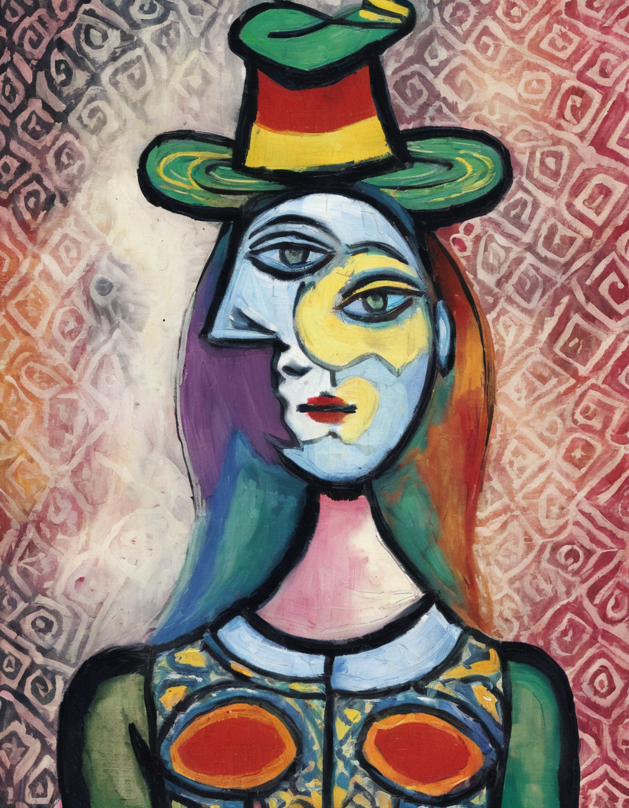 <lora:p5c0:0.9>p5c0 woman hat background with patterns and fingerpaint texture
