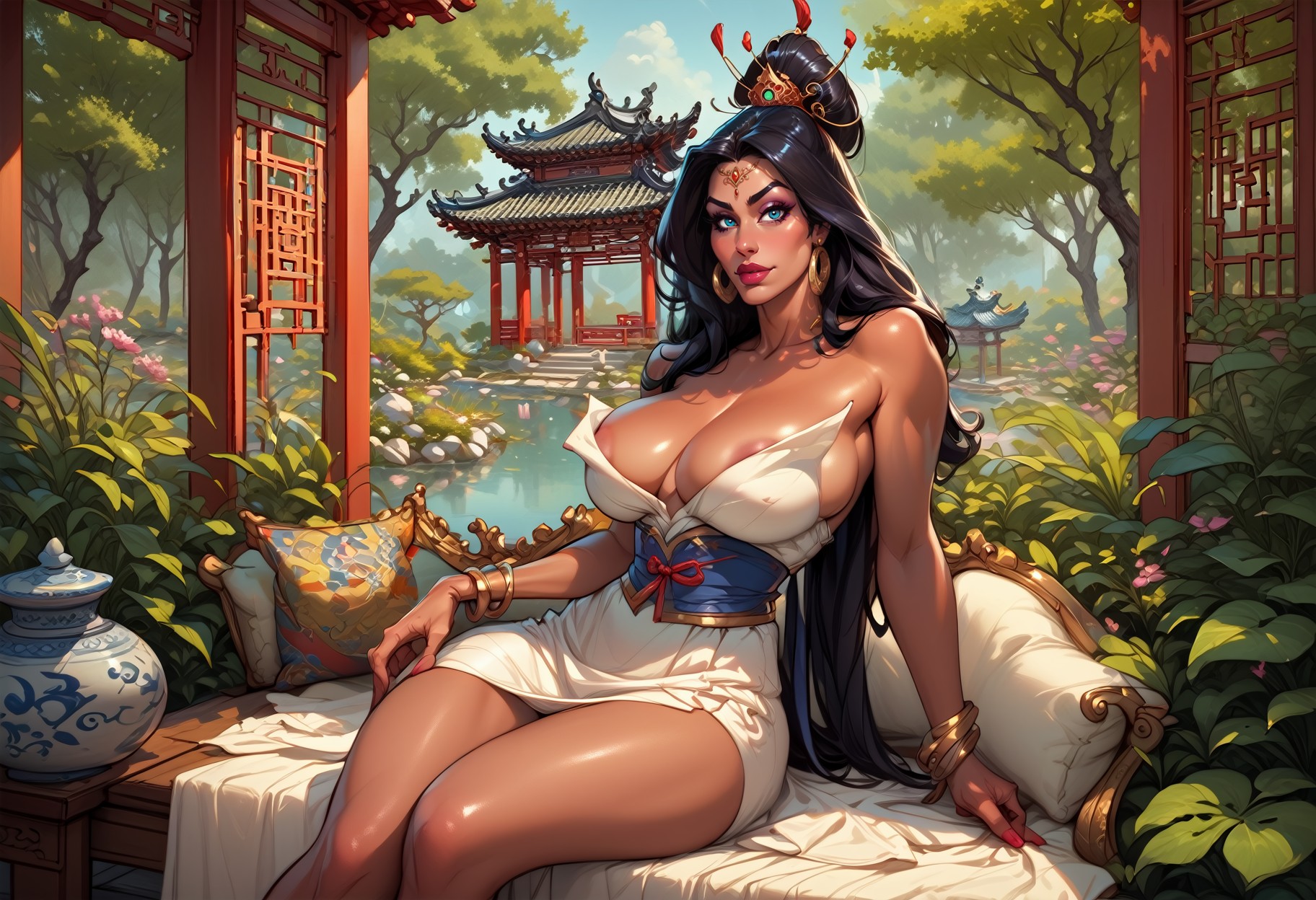 score_9, score_8_up, score_7_up, score_6_up, solo, areola slip, farah, legend of queen opala, reclining on a sofa, white dress, mini skirt, detailed face, sexy face, strapless dress, sagging breasts, wide hips, erect nipples under clothes, ((tradchn), detailed garden, scenery, outdoors, shrine, trees, architecture), detailed background, <lora:tradchn:1> <lora:ReiqLycoXL:0.75>  <lora:Dmitrys_Style_v2_PonyXL:0.5> <lora:officialpit_v2-8:0.5> <lora:Expressive_H:1> <lora:princess_xl_v2:0.8>