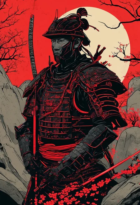 Japanese Samurai warrior in armor, zen garden, spring, sunshine, sakura, meditation, stream, rock garden,
black and red color palette, cybernetic design, futuristic elements, bold lines, flat colors, simple details, retro-futuristic vibe
