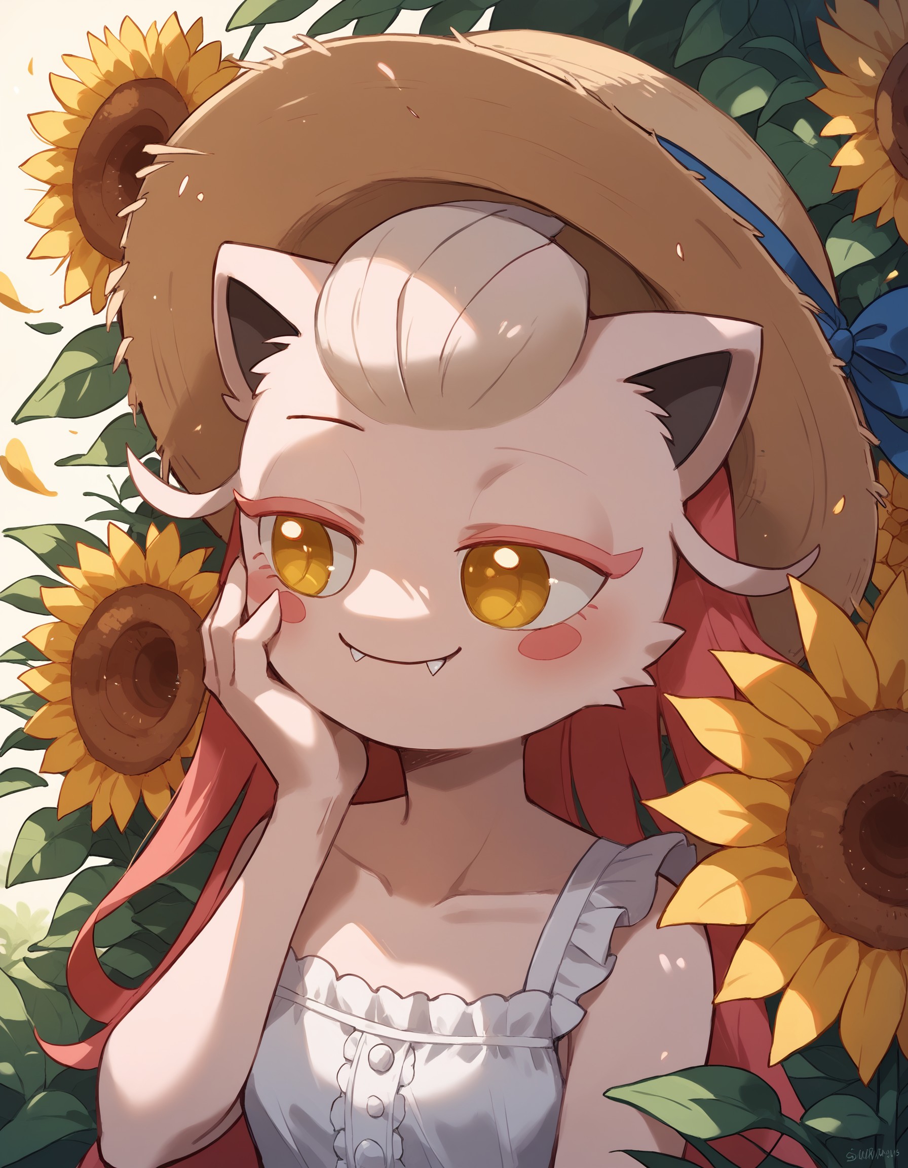 score_9, score_8_up, score_7_up, ScrmTl, pokemon \(creature\), (solo), 1girl, anthro, long hair, fangs out, closed mouth, looking away,smile, sundress, frilled dress, sunhat, sunflowers, flower field, sunny, close-up, bust shot, hand on face, half-closed eyes, <lora:cefaa866-a58e-40ba-a219-79ab392f7d60:1.0>, <lora:ef99e7e1-47ed-4045-8c11-901074e07bc0:0.9>