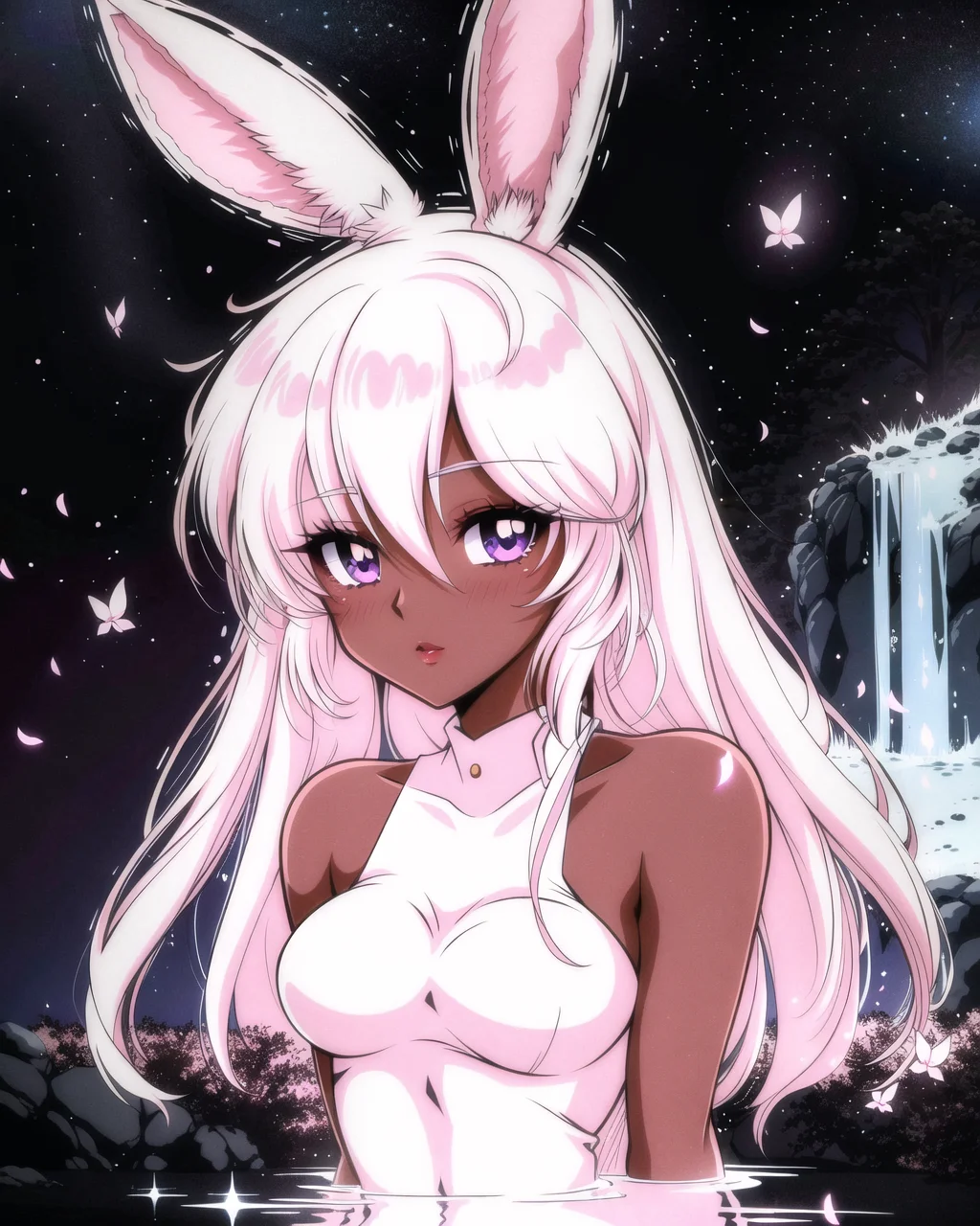 (viera:1.1), rabbit ears, dark skin, rabbit girl, white hair, detailed eyes, (looking at viewer:1.2), (sakura hot spring, outdoors:1.1), anthropomorphic, portrait, by greg rutkowski, 4k, digital art, highly detailed, cinematic lighting, vibrant colors, noah bradley, Beksinski, (floating petals:1.1), 1990s \(style\)
<lora:90s_Vibe-000005:0.5>